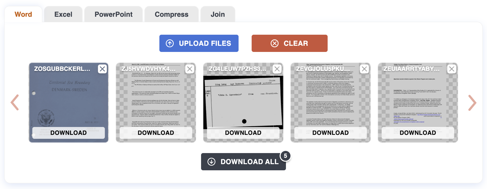 completed files with size, percent saved, and download buttons